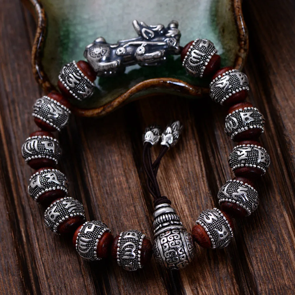 Real Solid 925 Sterling Silver Bracelet Beaded Lection Animals PiXiu Lobular Red Sandalwood Jewelry