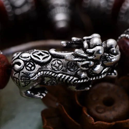 Real Solid 925 Sterling Silver Bracelet Beaded Lection Animals PiXiu Lobular Red Sandalwood Jewelry