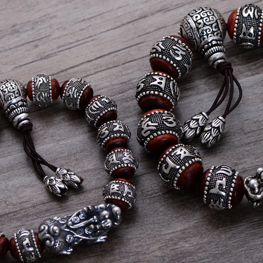 Real Solid 925 Sterling Silver Bracelet Beaded Lection Animals PiXiu Lobular Red Sandalwood Jewelry