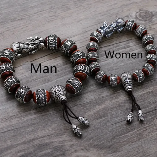 Real Solid 925 Sterling Silver Bracelet Beaded Lection Animals PiXiu Lobular Red Sandalwood Jewelry