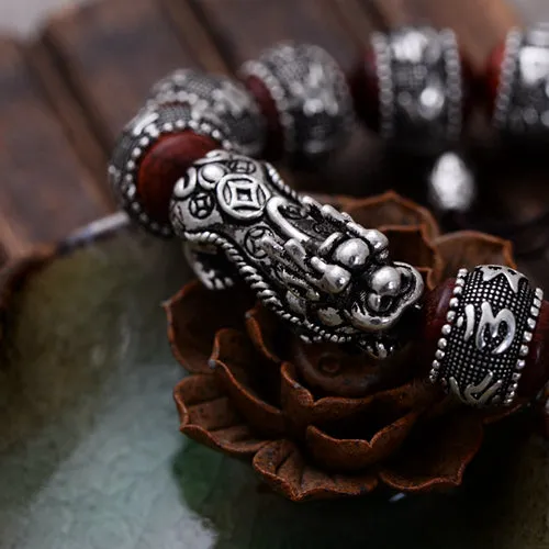 Real Solid 925 Sterling Silver Bracelet Beaded Lection Animals PiXiu Lobular Red Sandalwood Jewelry