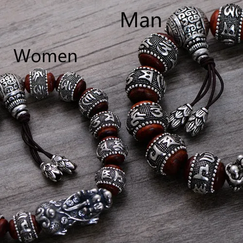 Real Solid 925 Sterling Silver Bracelet Beaded Lection Animals PiXiu Lobular Red Sandalwood Jewelry