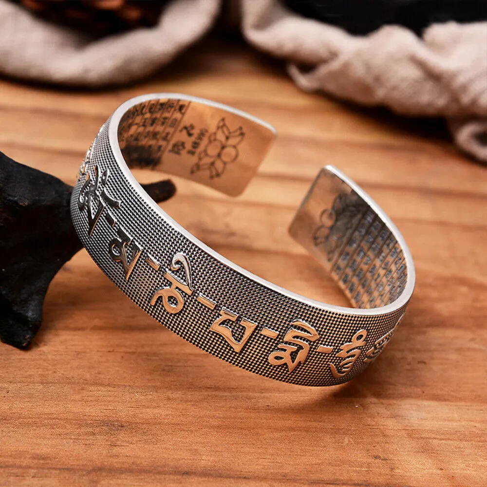 Real Solid 990 Sterling Silver Cuff Bracelet Bangle Om Mani Padme Hum Vajra Religions Luck Jewelry