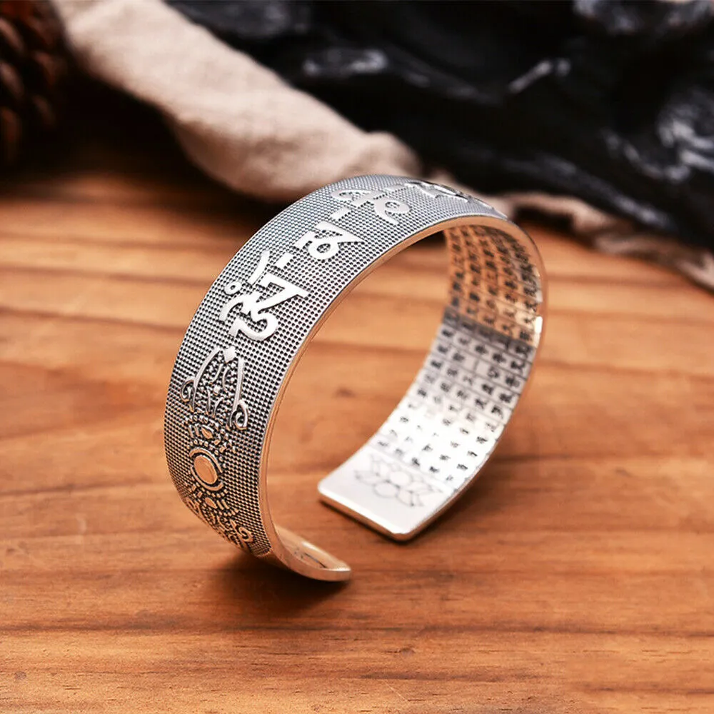 Real Solid 990 Sterling Silver Cuff Bracelet Bangle Om Mani Padme Hum Vajra Religions Luck Jewelry