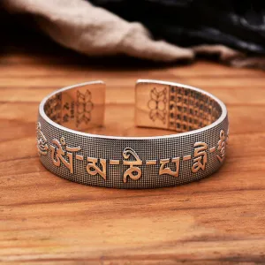 Real Solid 990 Sterling Silver Cuff Bracelet Bangle Om Mani Padme Hum Vajra Religions Luck Jewelry