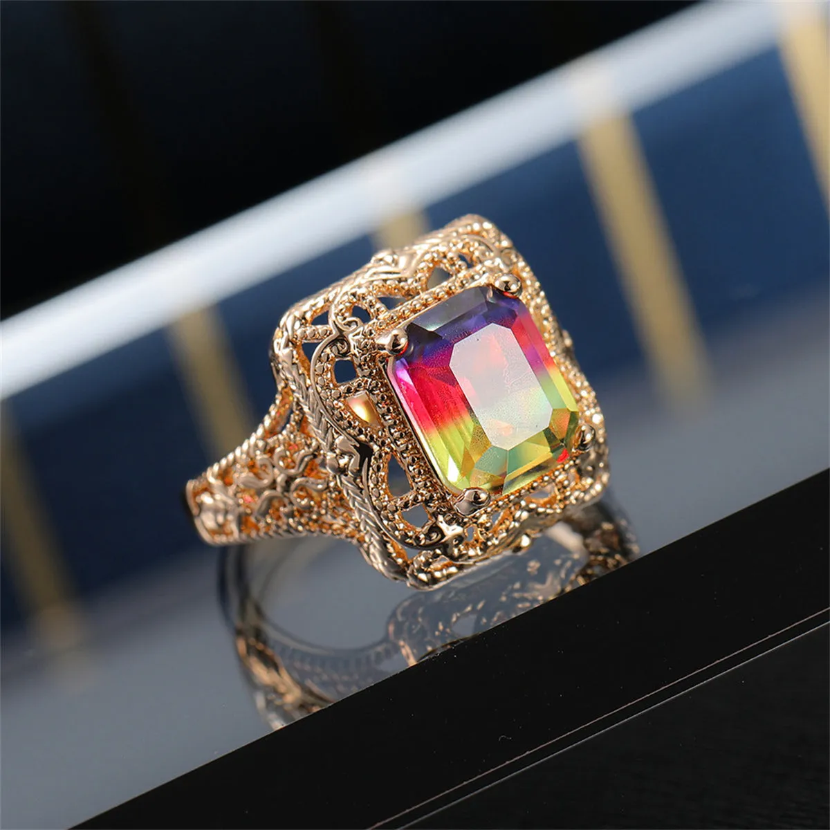 Red & Purple Crystal & 18K Gold-Plated Radiant-Cut Ring