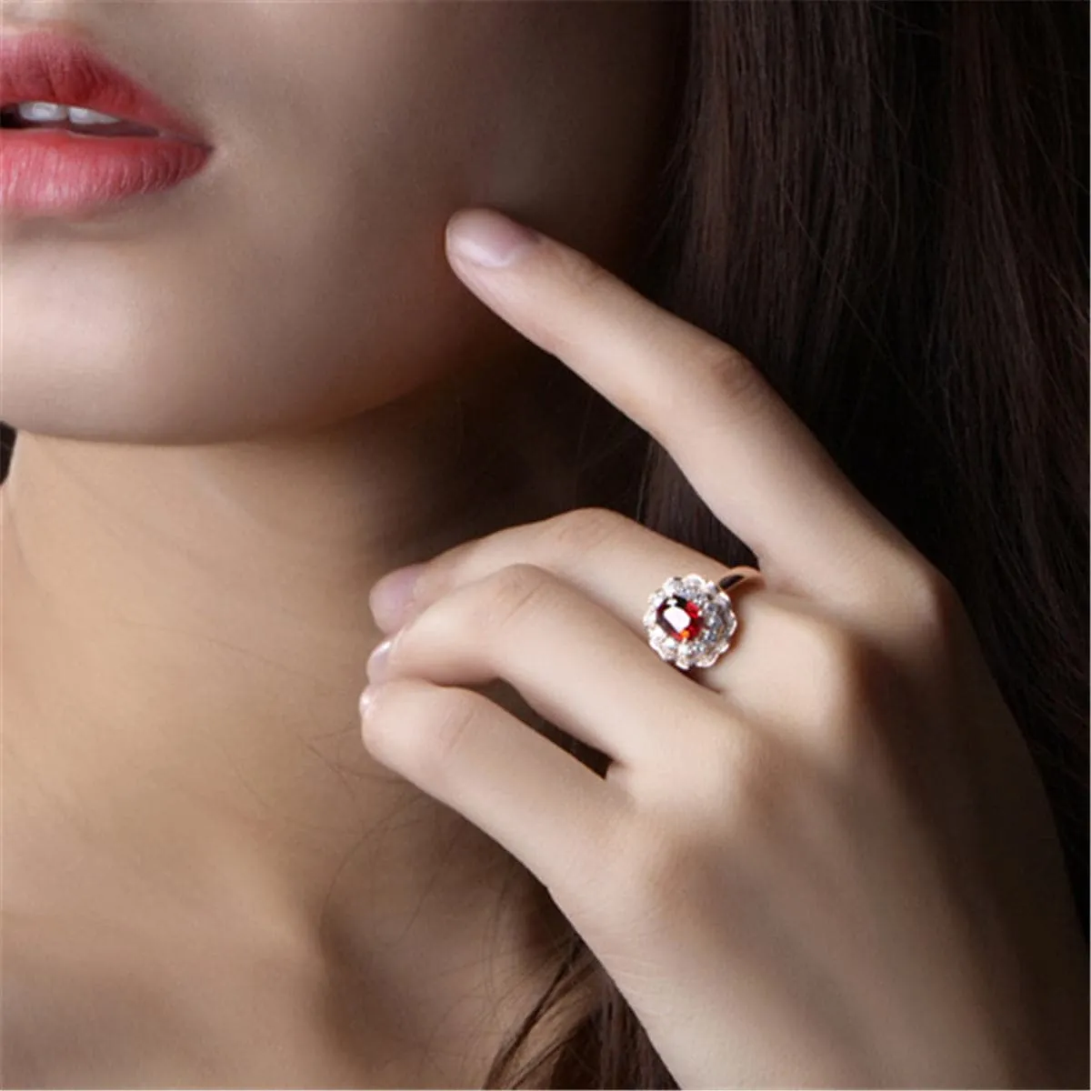 Red Crystal & Cubic Zirconia 18K Rose Gold-Plated Floral Oval Halo Ring