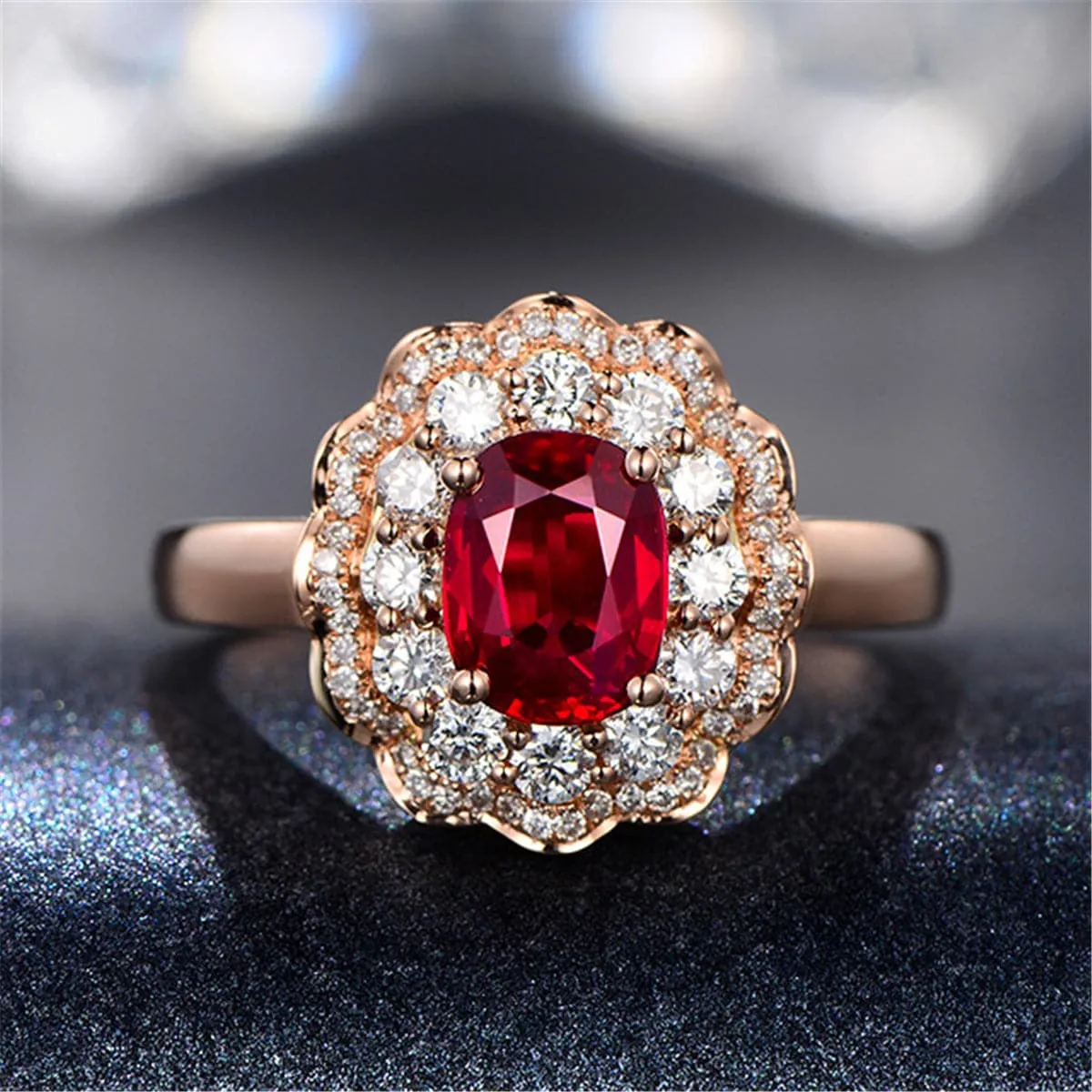 Red Crystal & Cubic Zirconia 18K Rose Gold-Plated Floral Oval Halo Ring