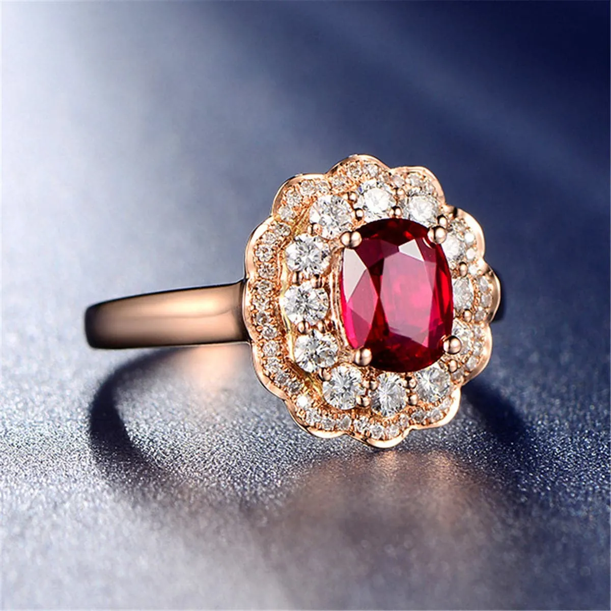 Red Crystal & Cubic Zirconia 18K Rose Gold-Plated Floral Oval Halo Ring