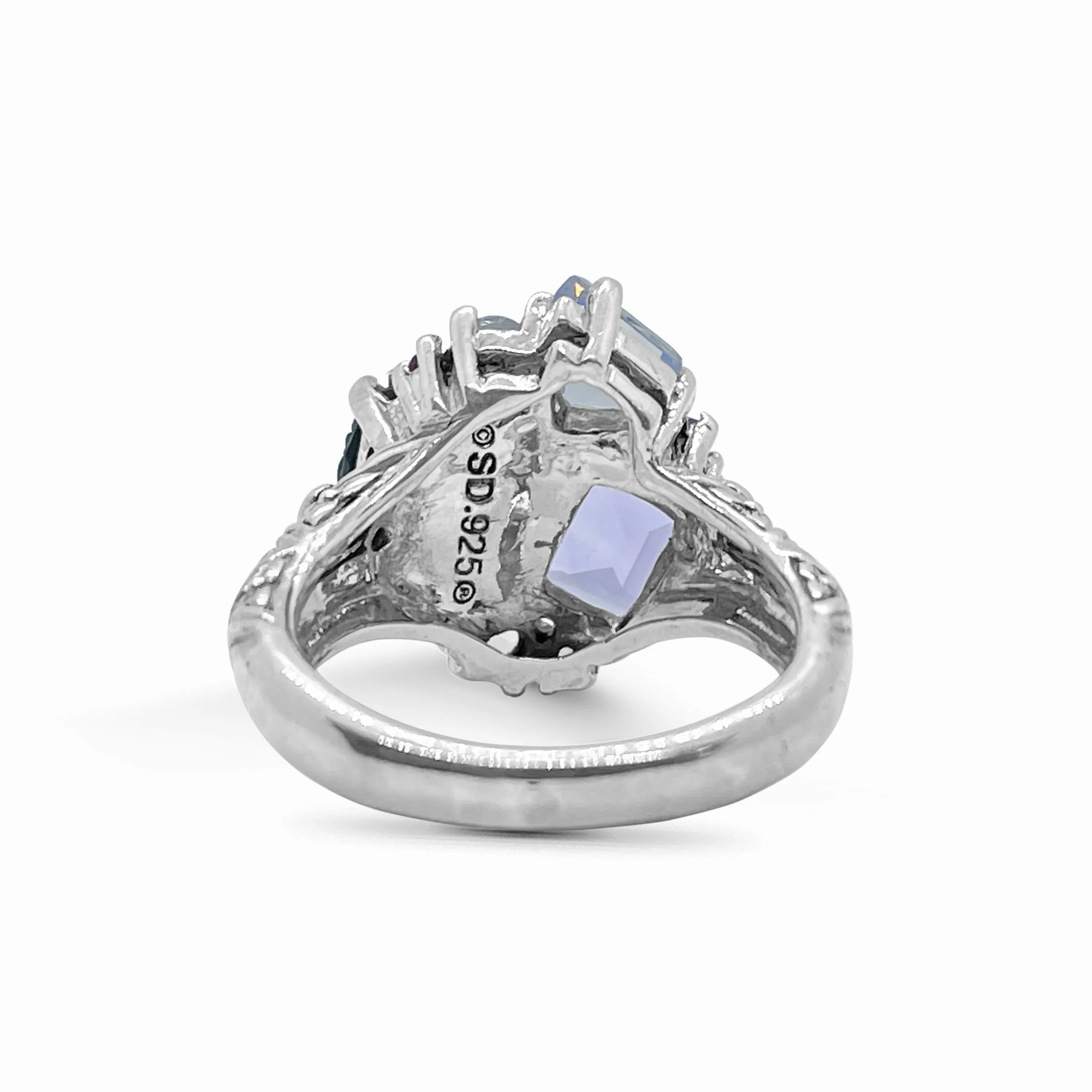 Rockrageous Hand Carved Mother of Pearl Amethyst Pink Tourmaline Lavender Moon Quartz and Chalcedony Cluster Ring in Sterling Silver