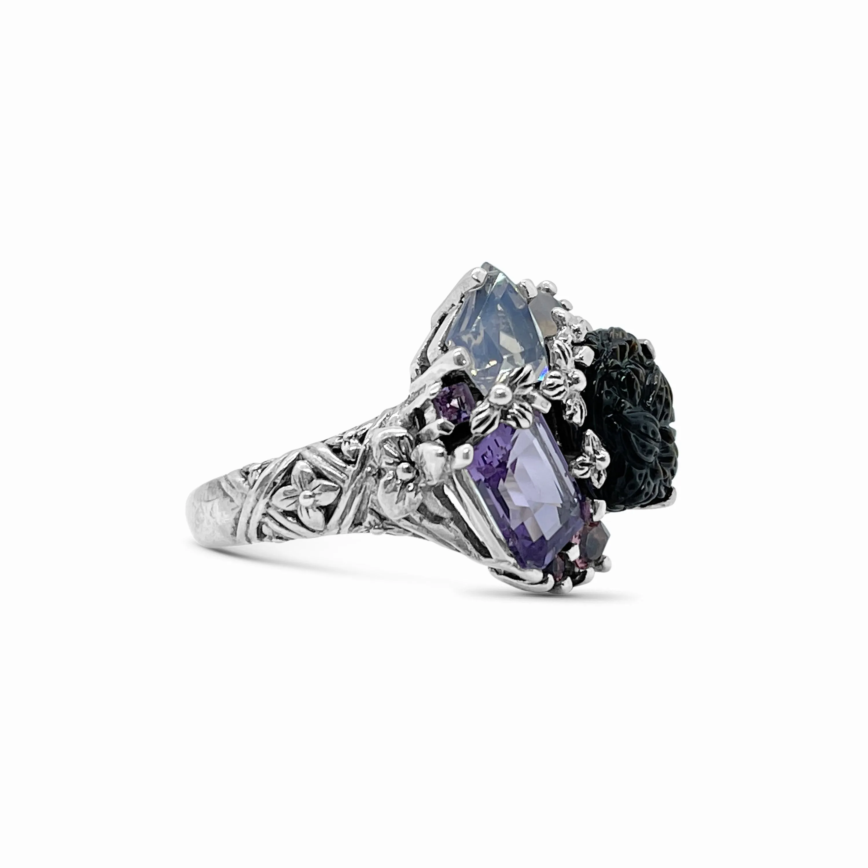 Rockrageous Hand Carved Mother of Pearl Amethyst Pink Tourmaline Lavender Moon Quartz and Chalcedony Cluster Ring in Sterling Silver
