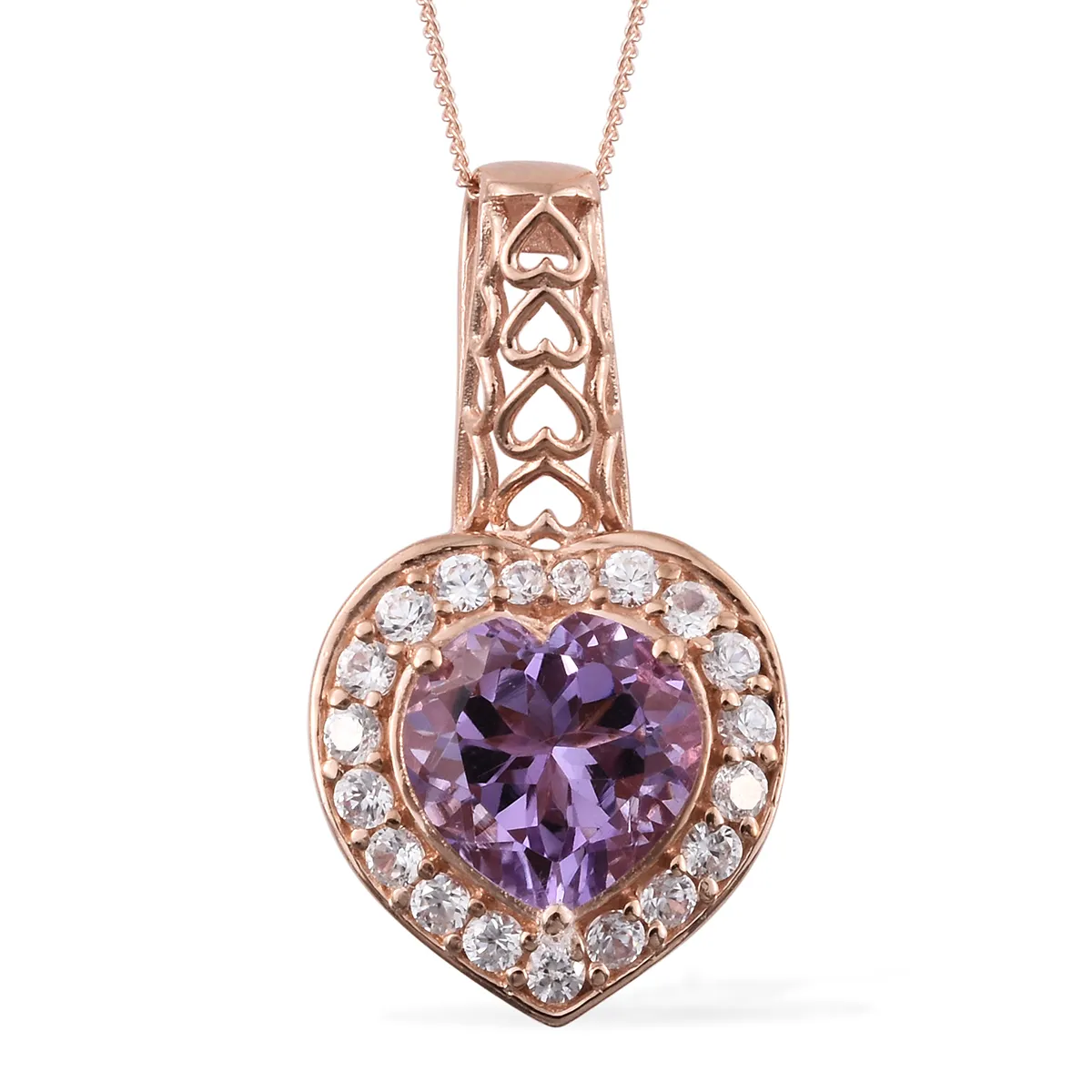 Rose Gold / Sterling Silver Rose De France AMETHYST & White Zircon Heart Halo Pendant & Chain