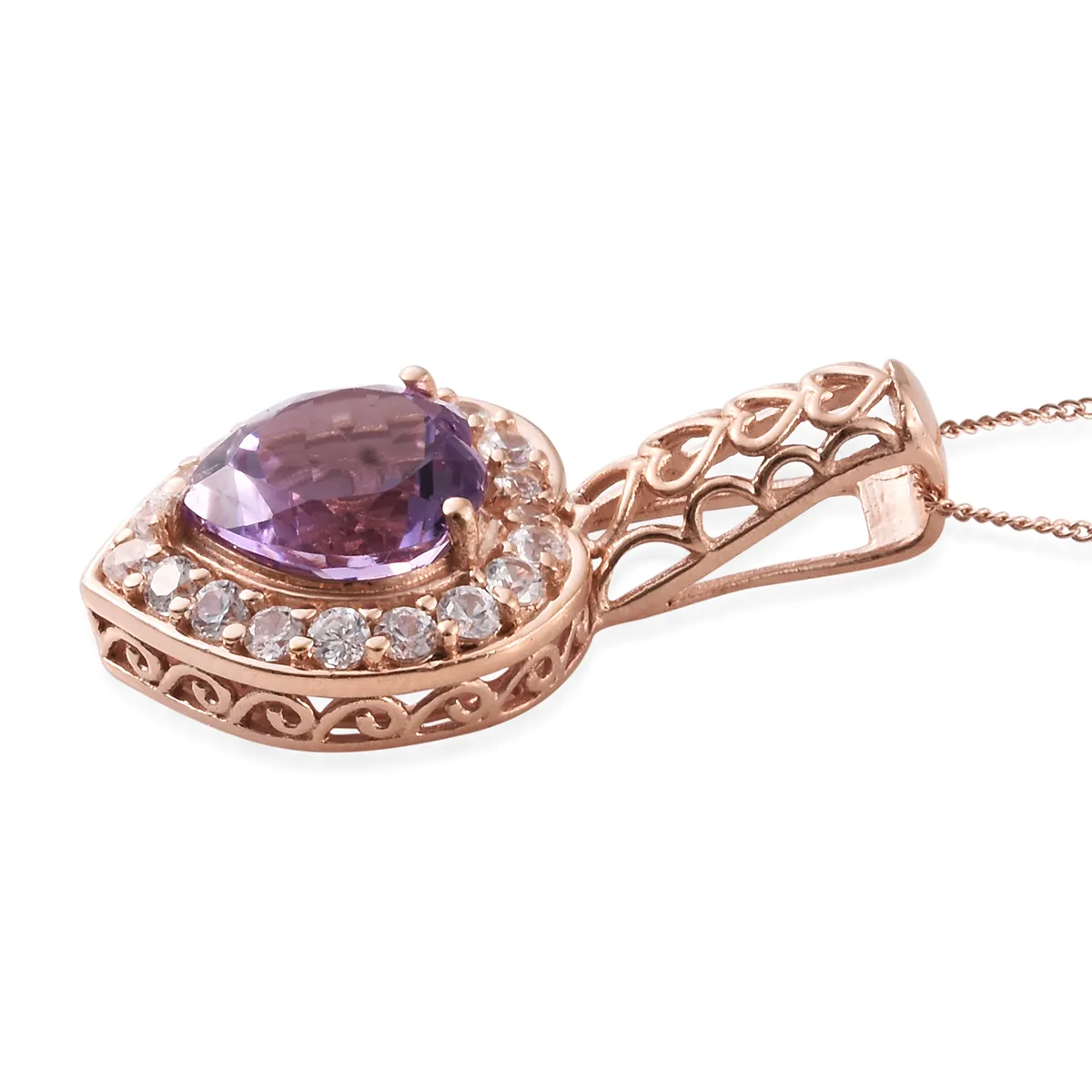 Rose Gold / Sterling Silver Rose De France AMETHYST & White Zircon Heart Halo Pendant & Chain