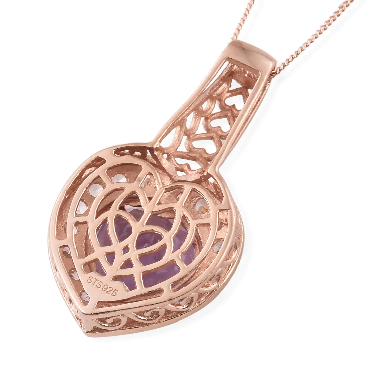 Rose Gold / Sterling Silver Rose De France AMETHYST & White Zircon Heart Halo Pendant & Chain