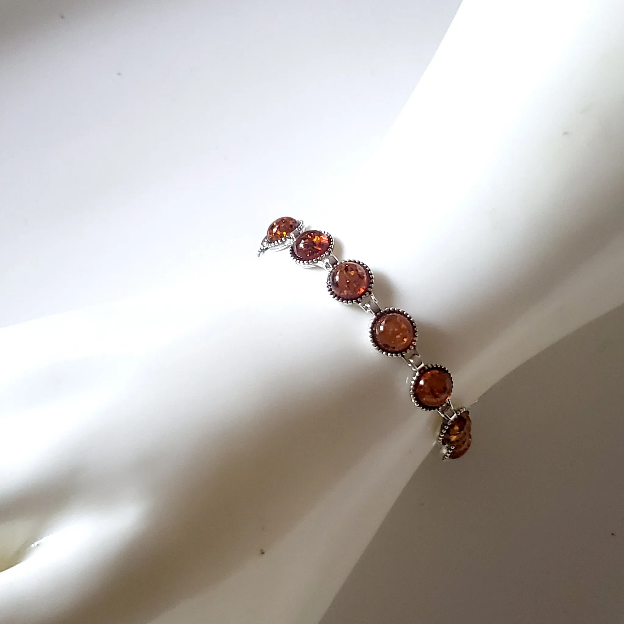 Round Beads Link Sterling Silver Baltic Amber Bracelet