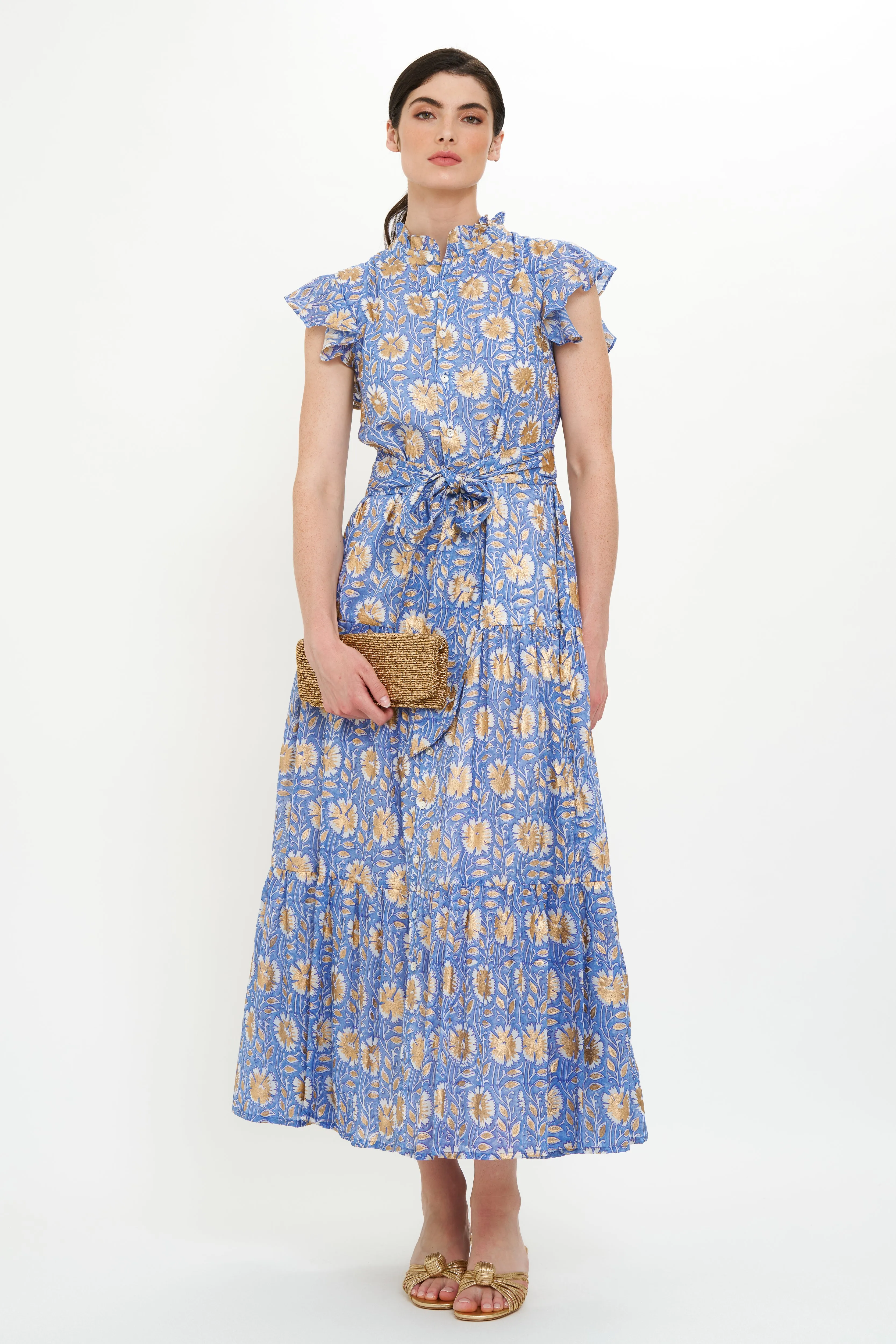 Ruffle Collar Button Maxi- Mughal Blue