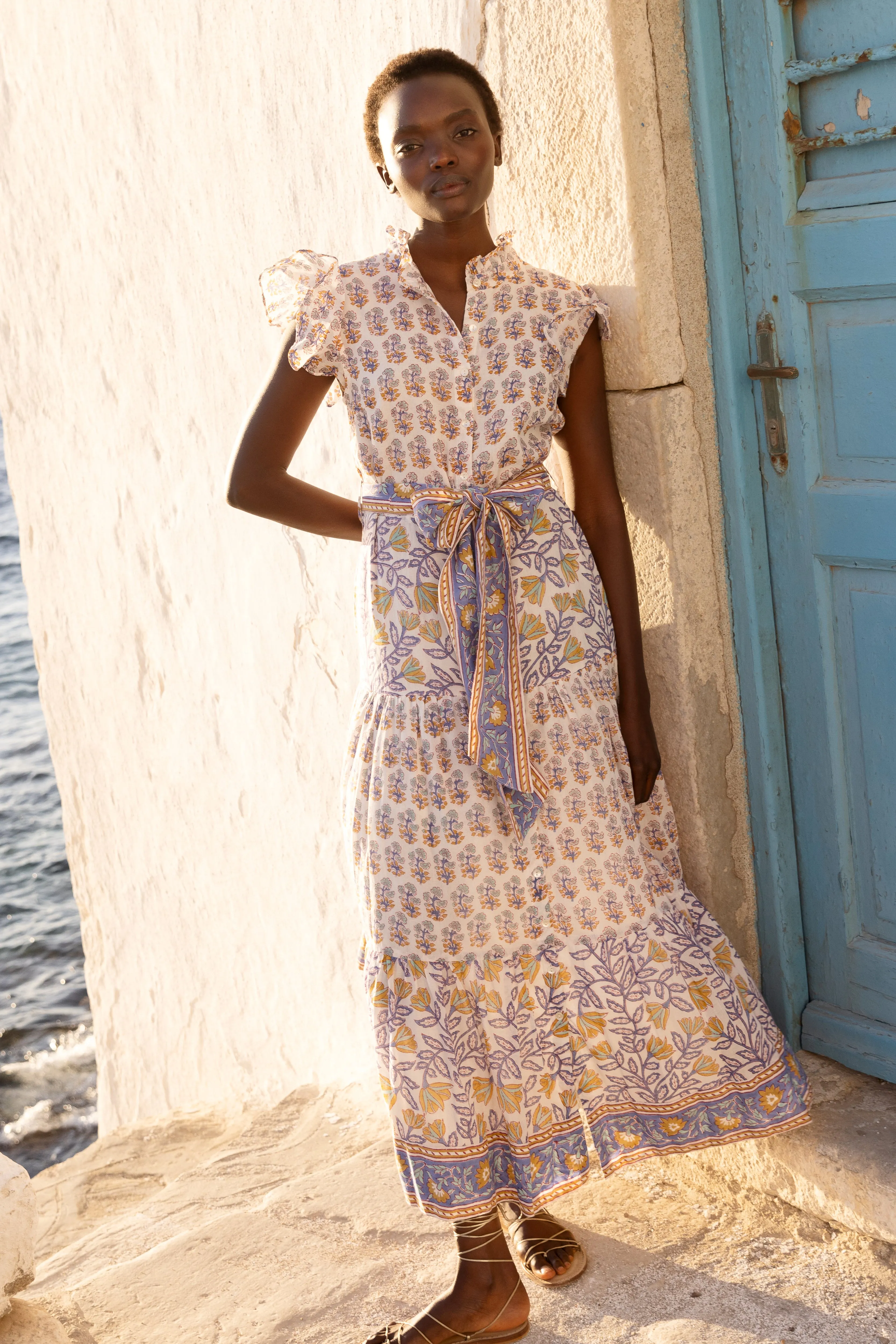 Ruffle Collar Button Maxi- Napa Blue
