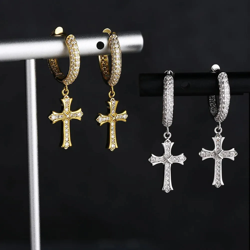 S925 Sterling Silver Diamond Iced Out Hoop Dangle Iris Cross Earrings