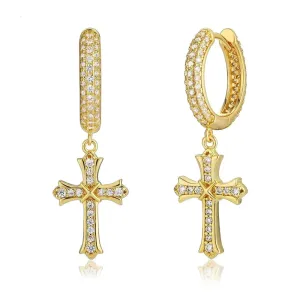 S925 Sterling Silver Diamond Iced Out Hoop Dangle Iris Cross Earrings