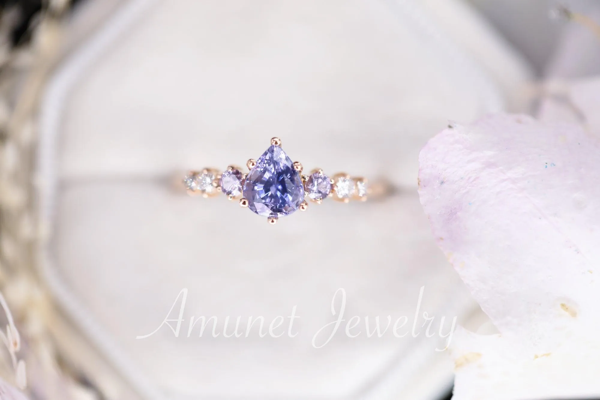 Sapphire ring, pear lavender sapphire engagement ring,sapphire diamond ring,cluster ring.