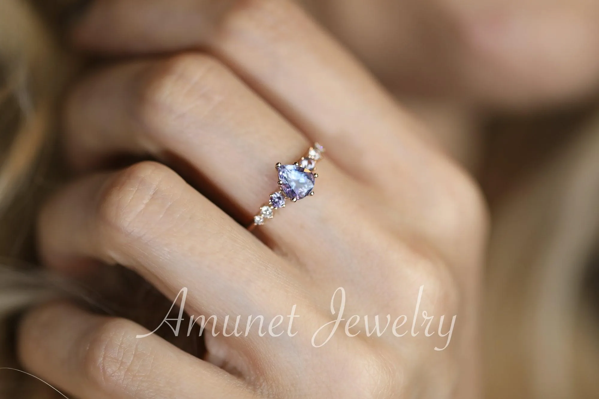 Sapphire ring, pear lavender sapphire engagement ring,sapphire diamond ring,cluster ring.