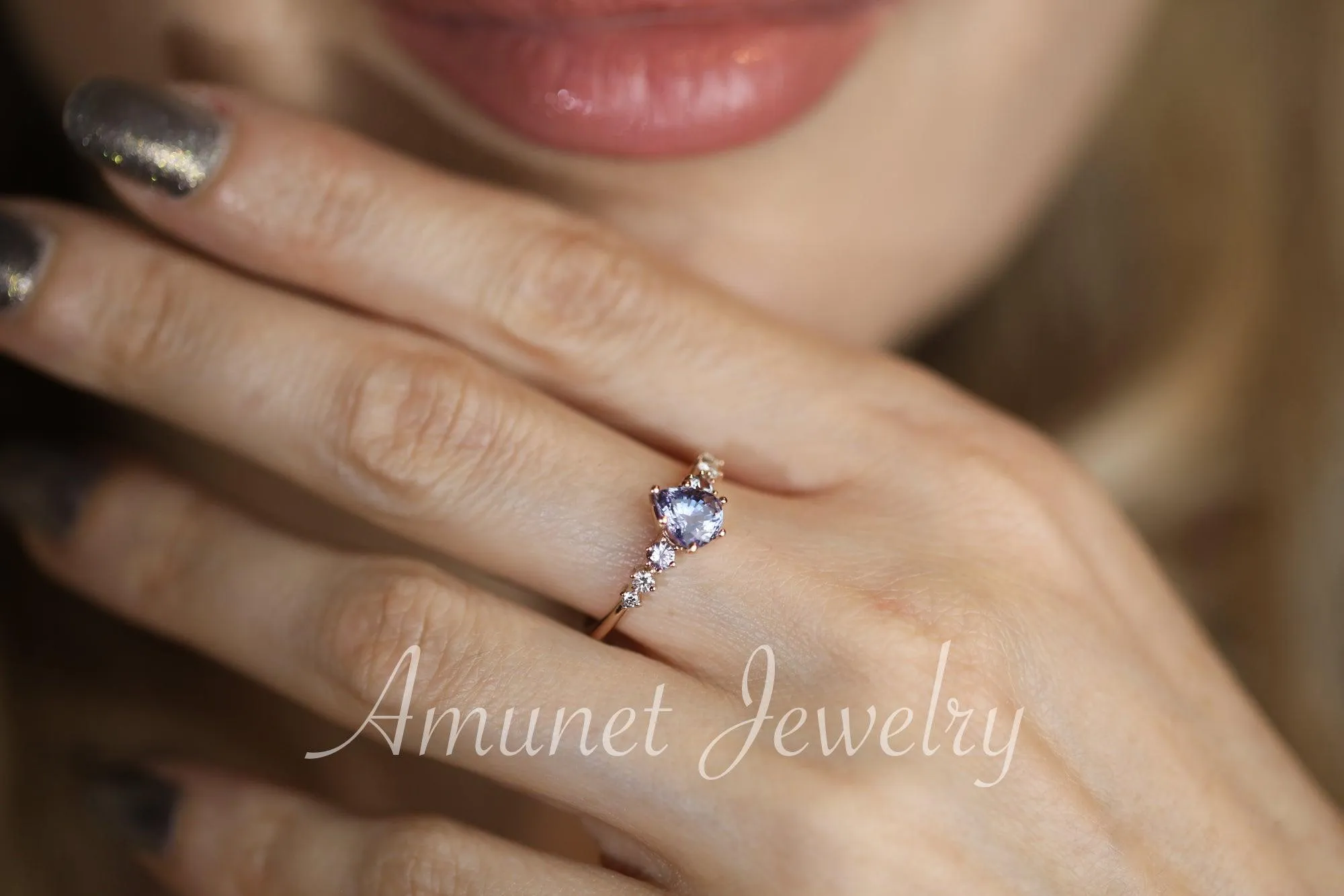 Sapphire ring, pear lavender sapphire engagement ring,sapphire diamond ring,cluster ring.
