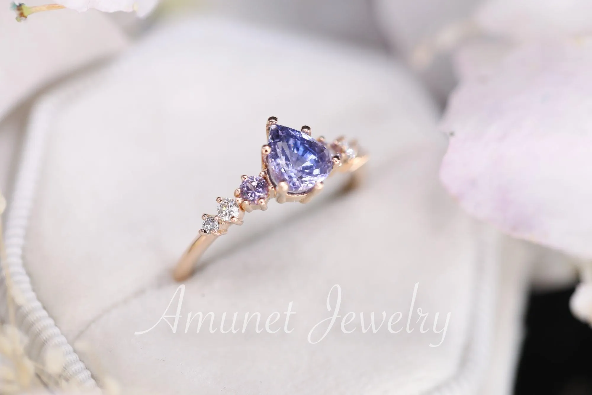 Sapphire ring, pear lavender sapphire engagement ring,sapphire diamond ring,cluster ring.