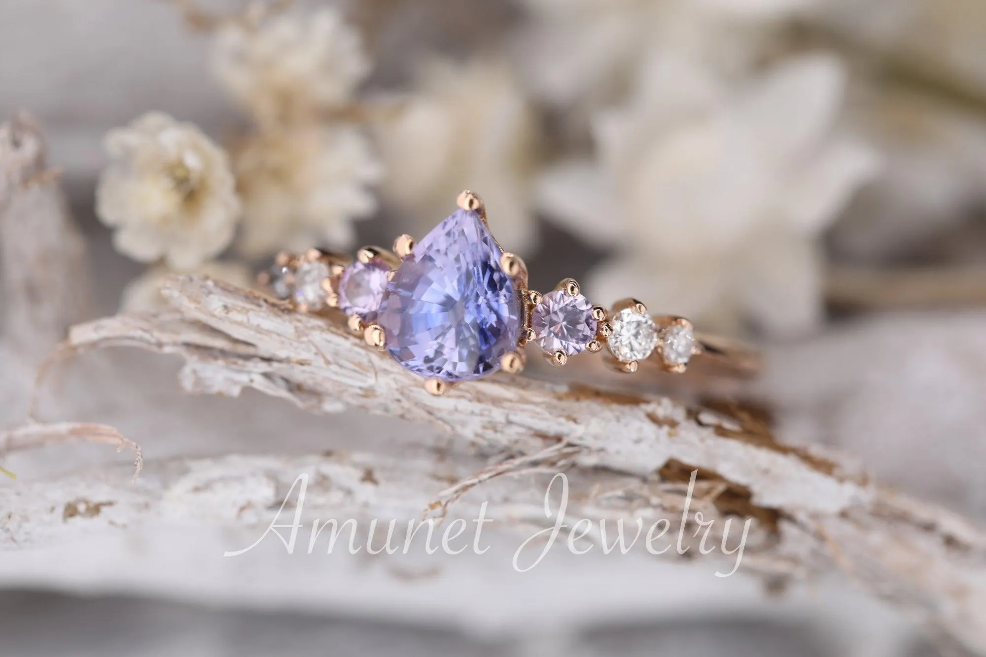 Sapphire ring, pear lavender sapphire engagement ring,sapphire diamond ring,cluster ring.