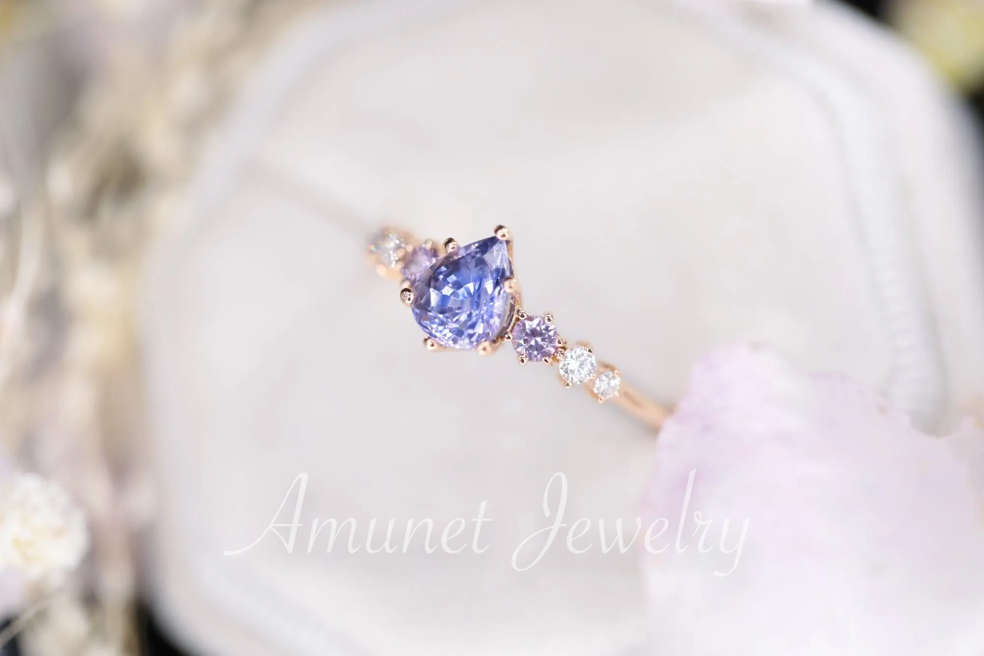 Sapphire ring, pear lavender sapphire engagement ring,sapphire diamond ring,cluster ring.