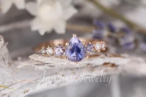Sapphire ring, pear lavender sapphire engagement ring,sapphire diamond ring,cluster ring.