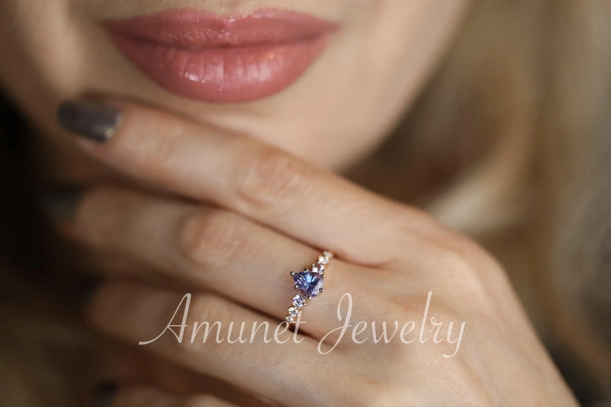 Sapphire ring, pear lavender sapphire engagement ring,sapphire diamond ring,cluster ring.