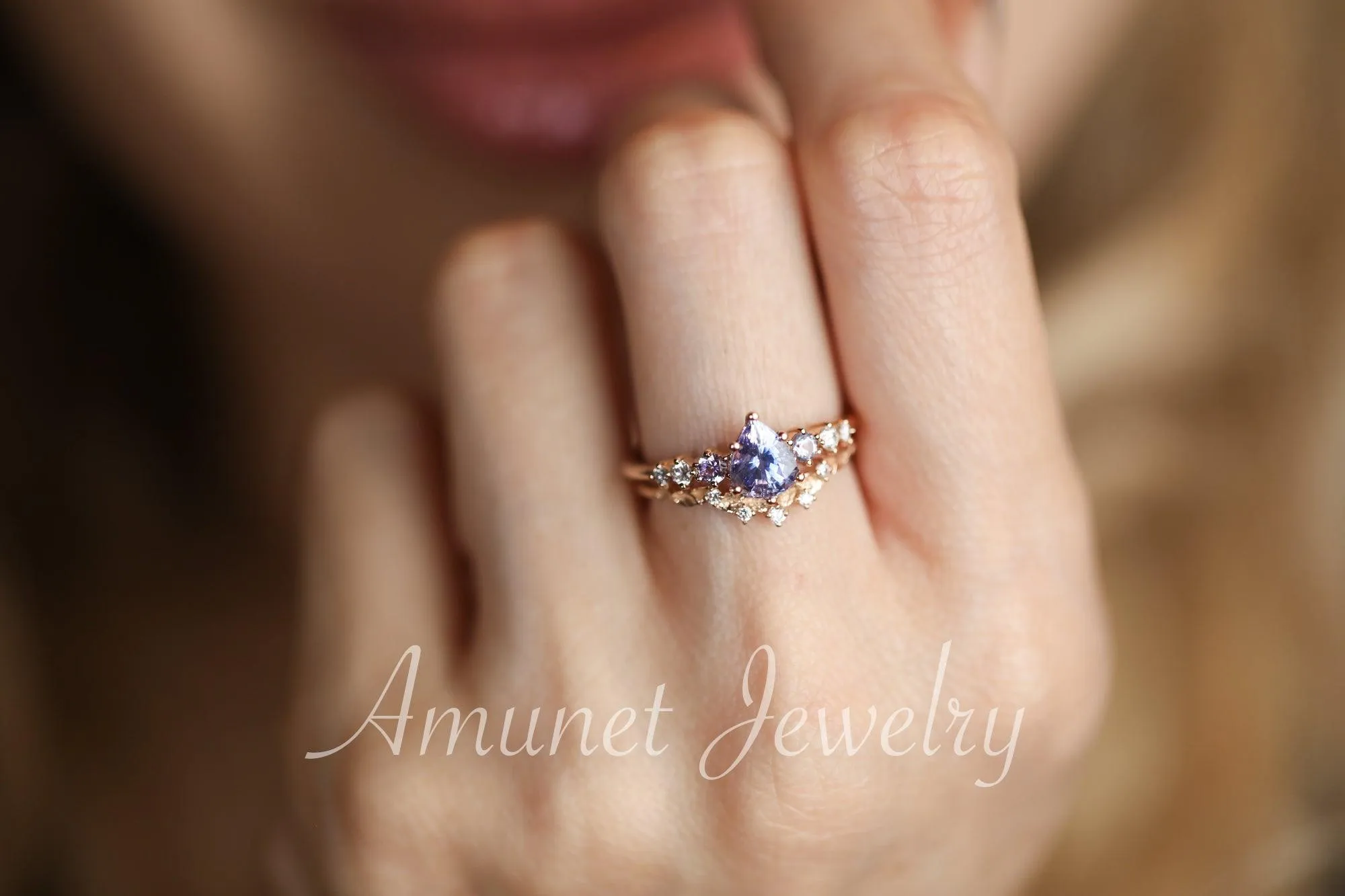 Sapphire ring, pear lavender sapphire engagement ring,sapphire diamond ring,cluster ring.