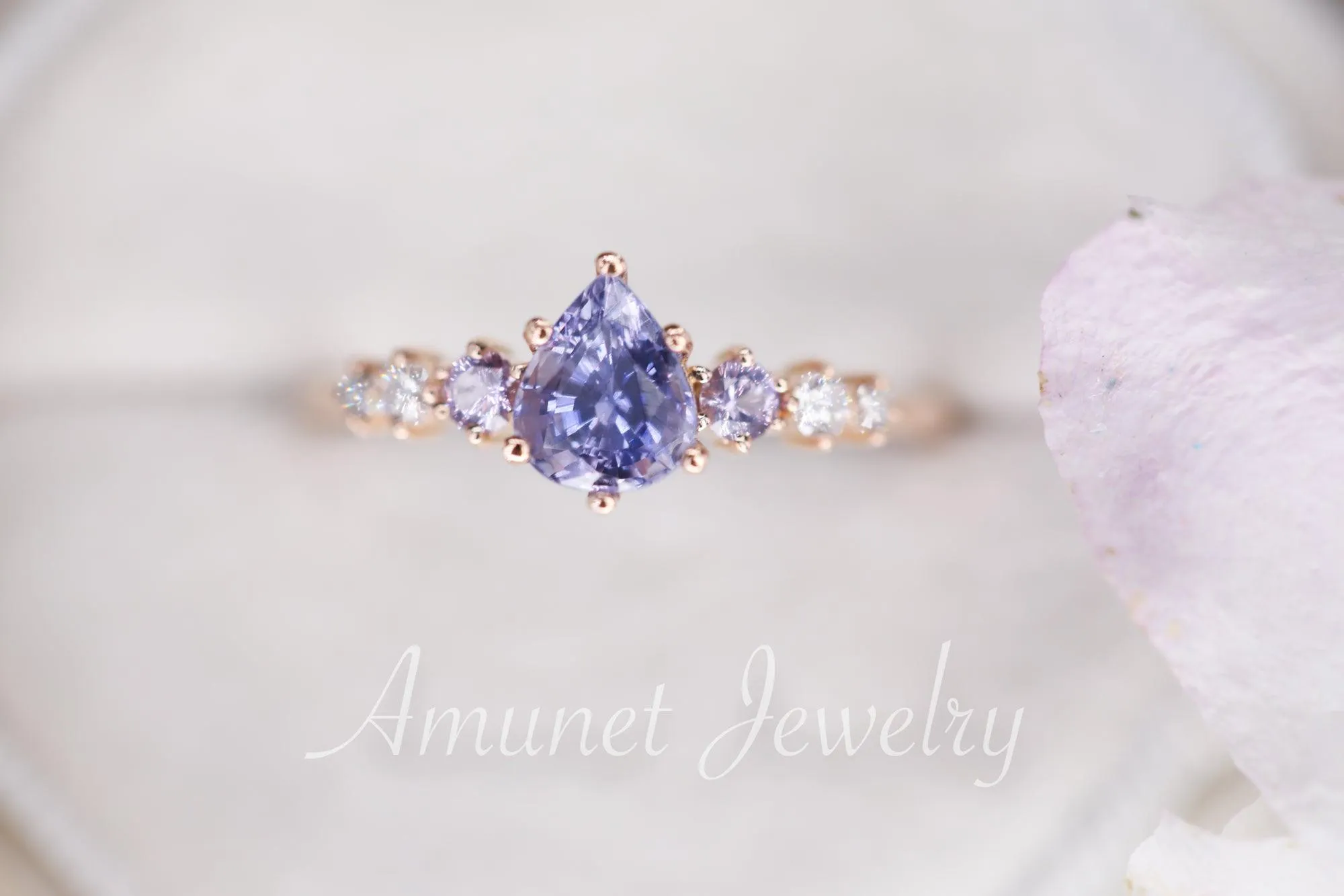 Sapphire ring, pear lavender sapphire engagement ring,sapphire diamond ring,cluster ring.