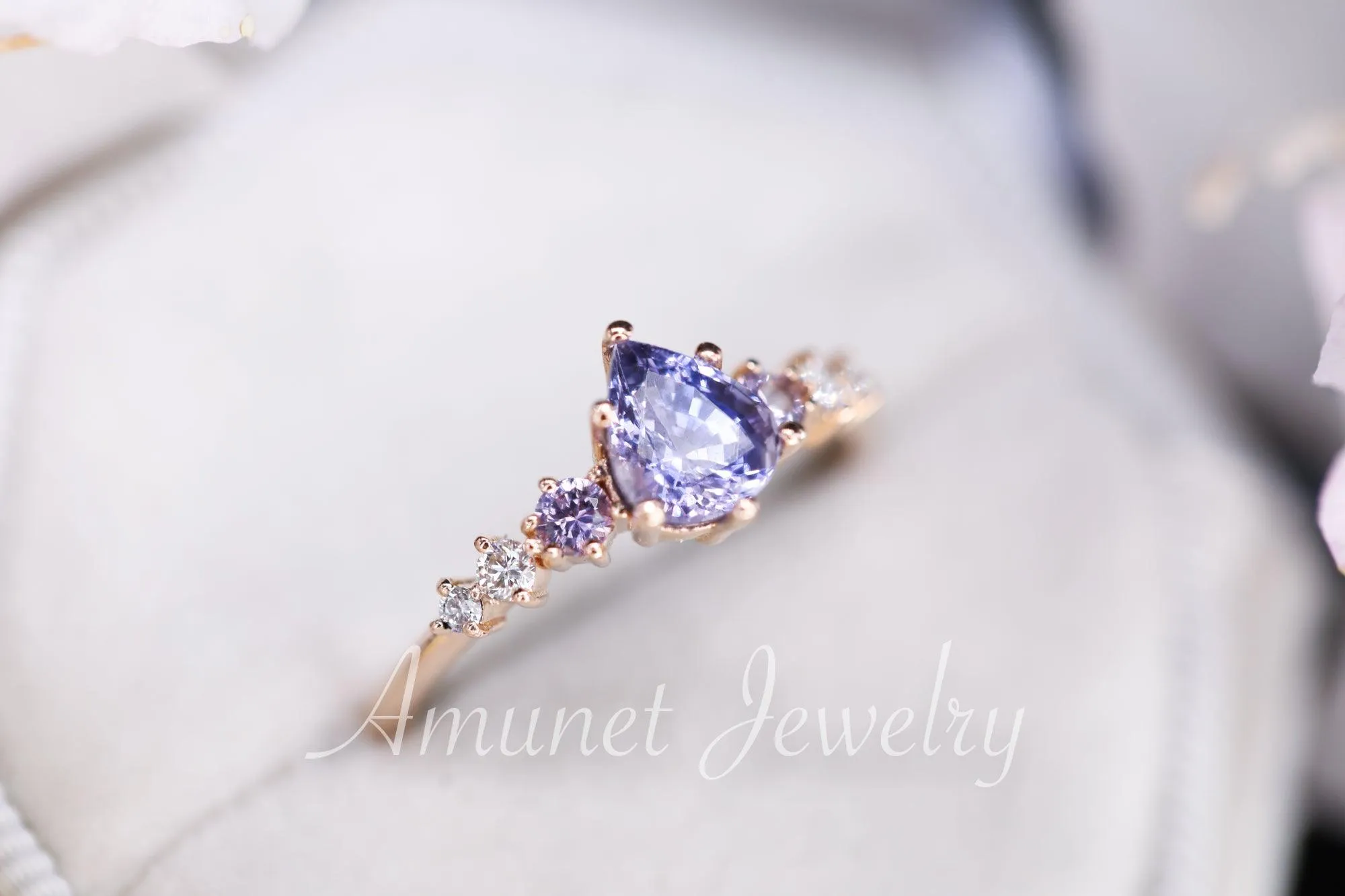 Sapphire ring, pear lavender sapphire engagement ring,sapphire diamond ring,cluster ring.