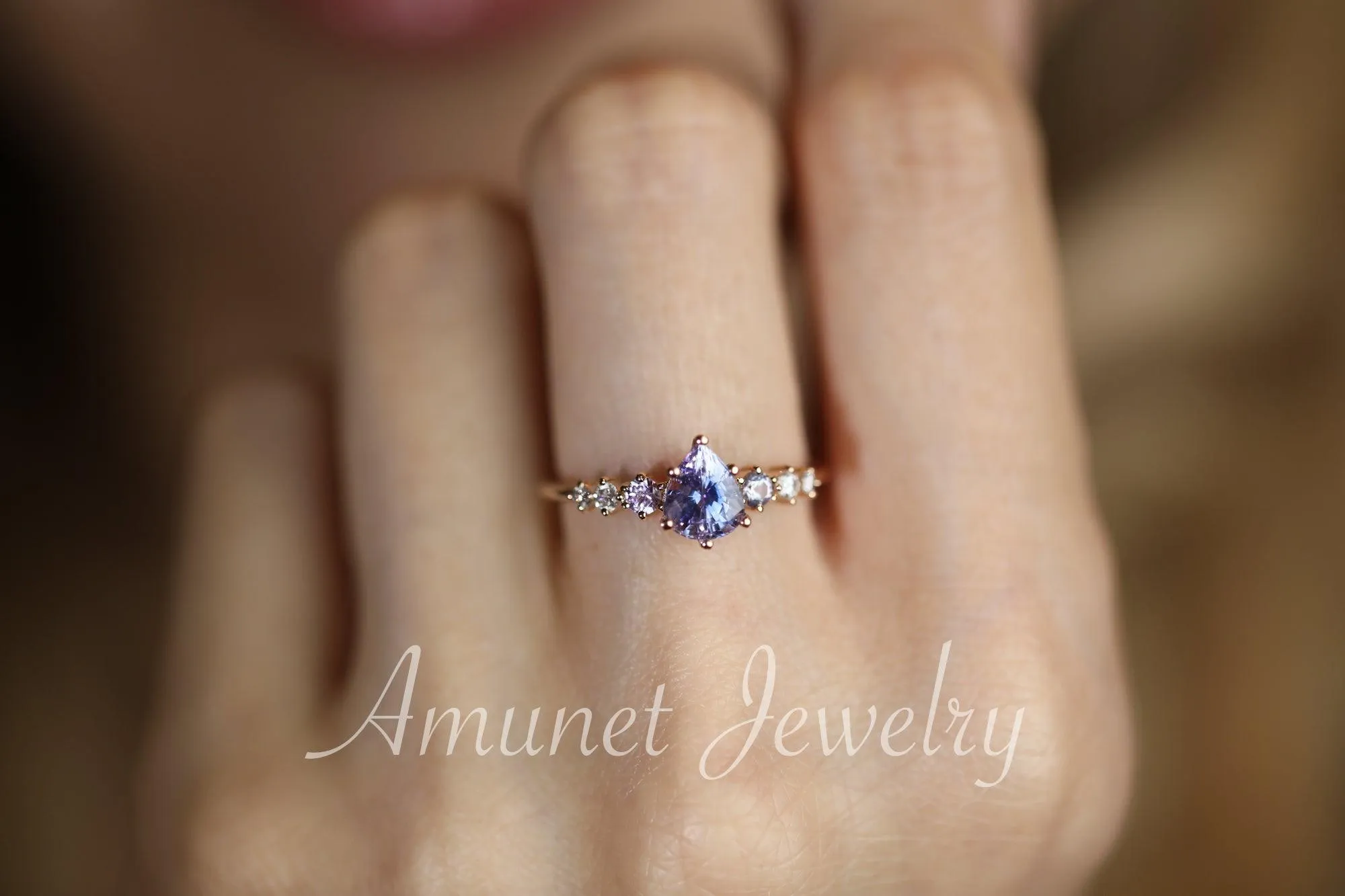 Sapphire ring, pear lavender sapphire engagement ring,sapphire diamond ring,cluster ring.