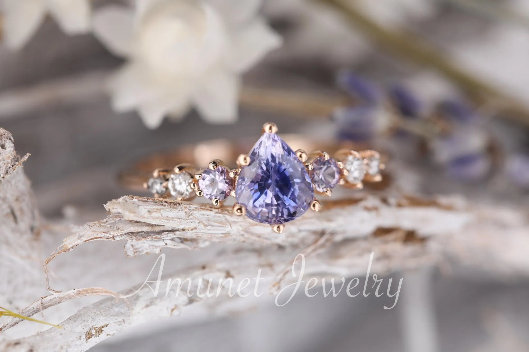 Sapphire ring, pear lavender sapphire engagement ring,sapphire diamond ring,cluster ring.