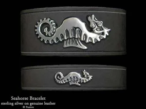 Seahorse Bracelet Sterling Silver on Genuine Leather