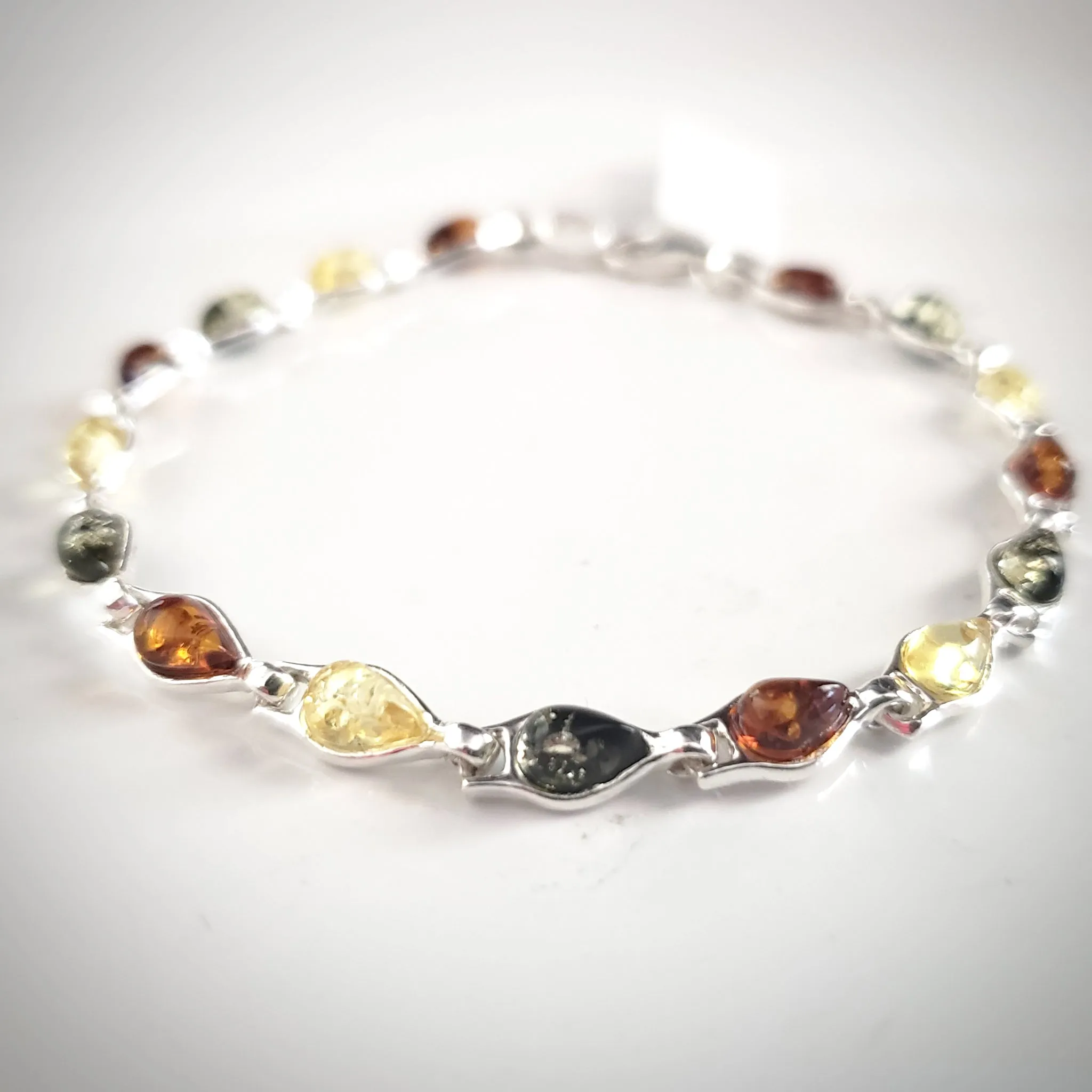 Silver Multicolor Amber Delicate Link Bracelet
