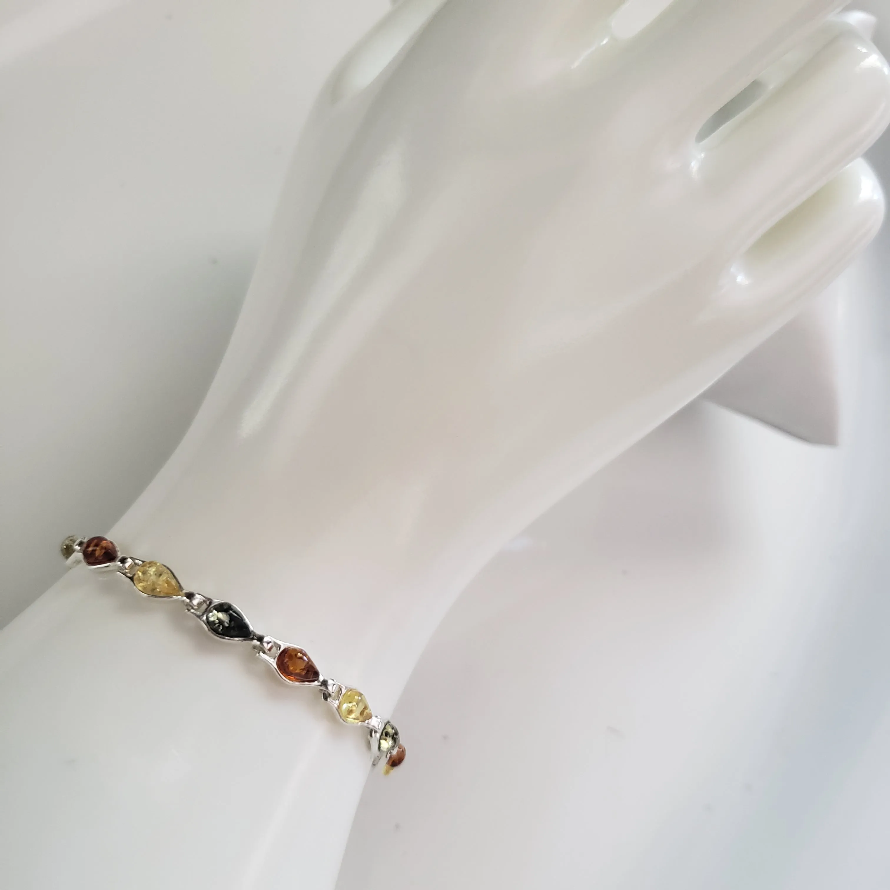 Silver Multicolor Amber Delicate Link Bracelet
