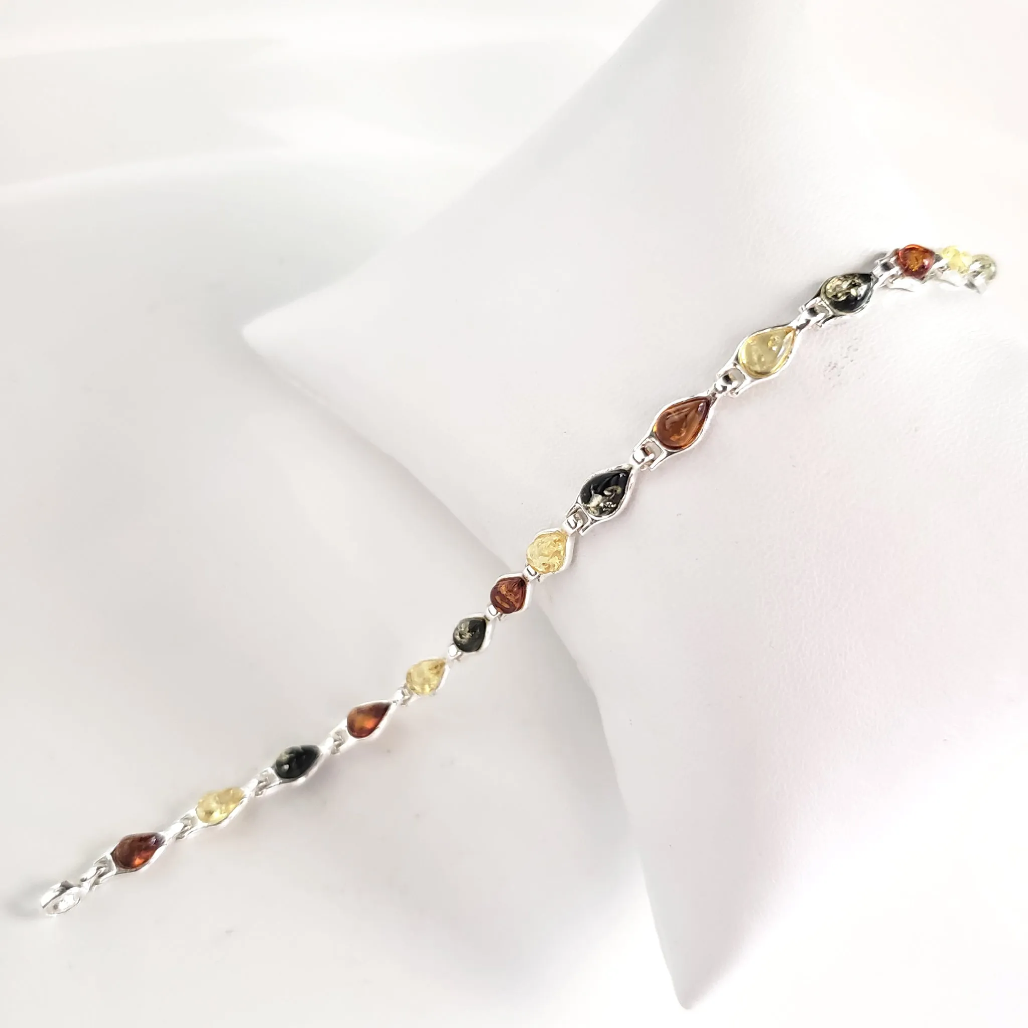 Silver Multicolor Amber Delicate Link Bracelet