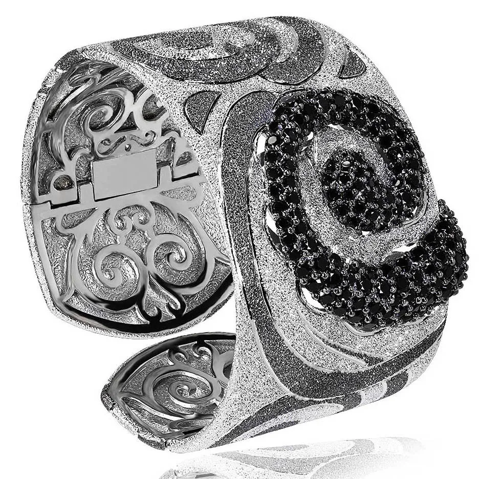 Silver Swirl Pattern Cuff Bracelet with Black Spinel
