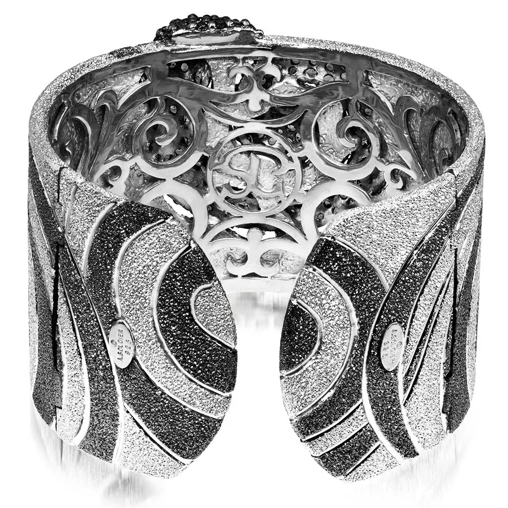 Silver Swirl Pattern Cuff Bracelet with Black Spinel