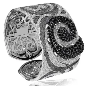 Silver Swirl Pattern Cuff Bracelet with Black Spinel