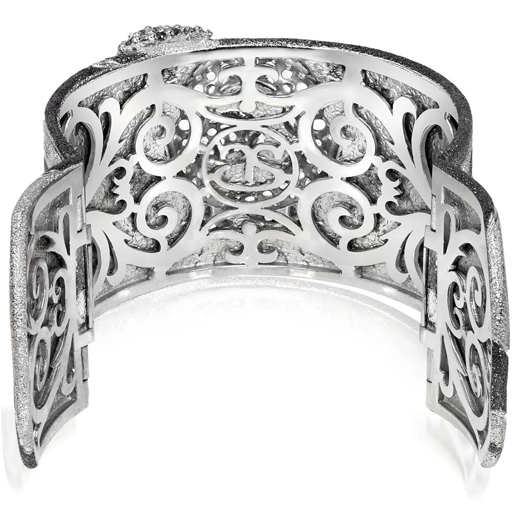 Silver Swirl Pattern Cuff Bracelet with Black Spinel