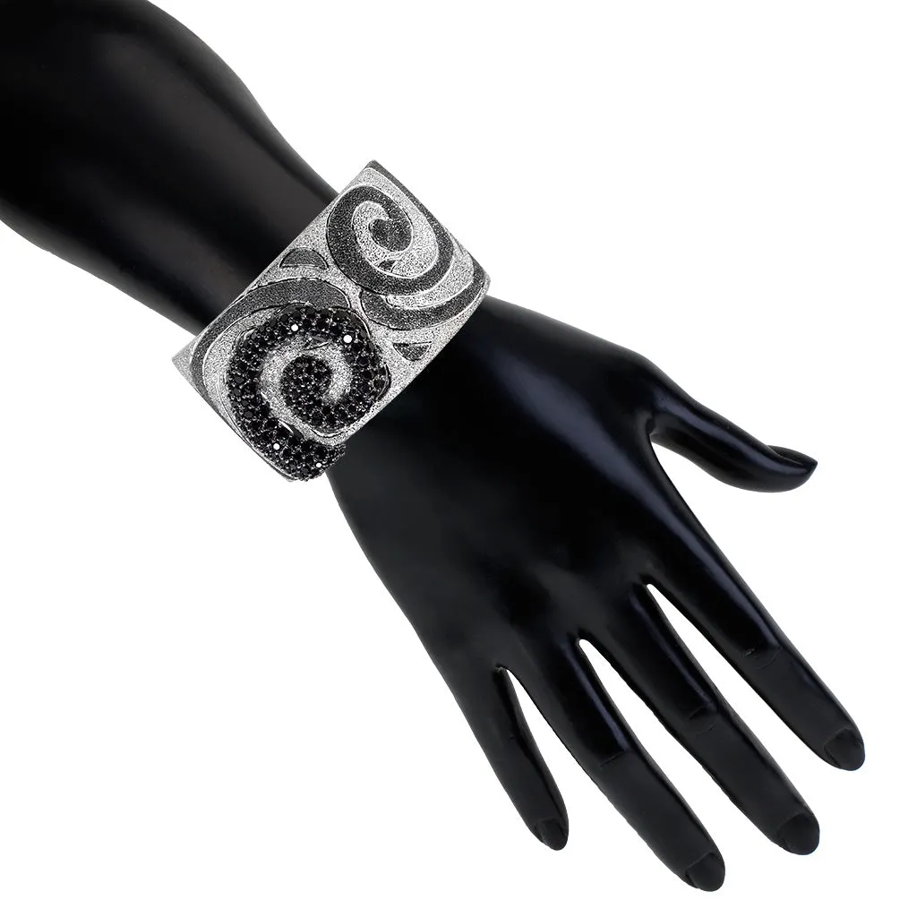 Silver Swirl Pattern Cuff Bracelet with Black Spinel