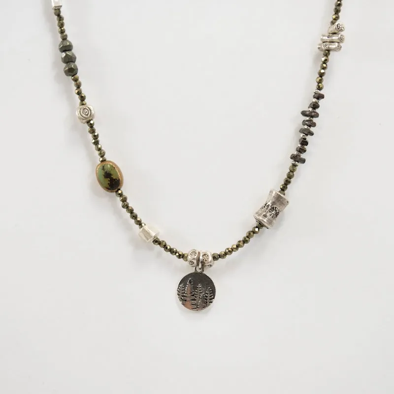 Silver Tree Necklace with Pyrite, Labradorite, and Turquoise