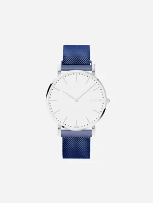 Solar Watch with White & Silver Dial | Blue Mesh Strap