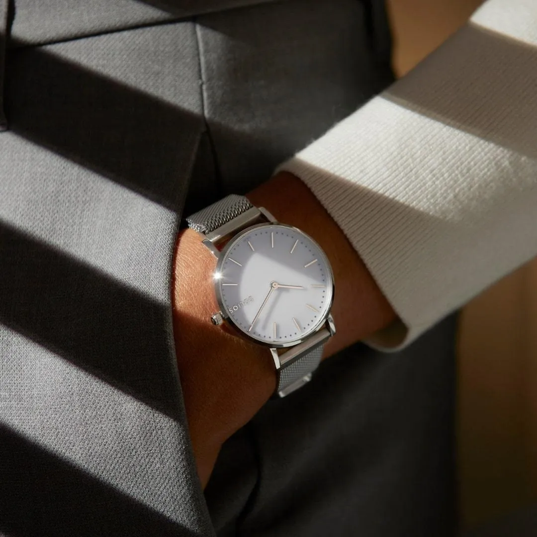 Solar Watch with White & Silver Dial | Blue Mesh Strap