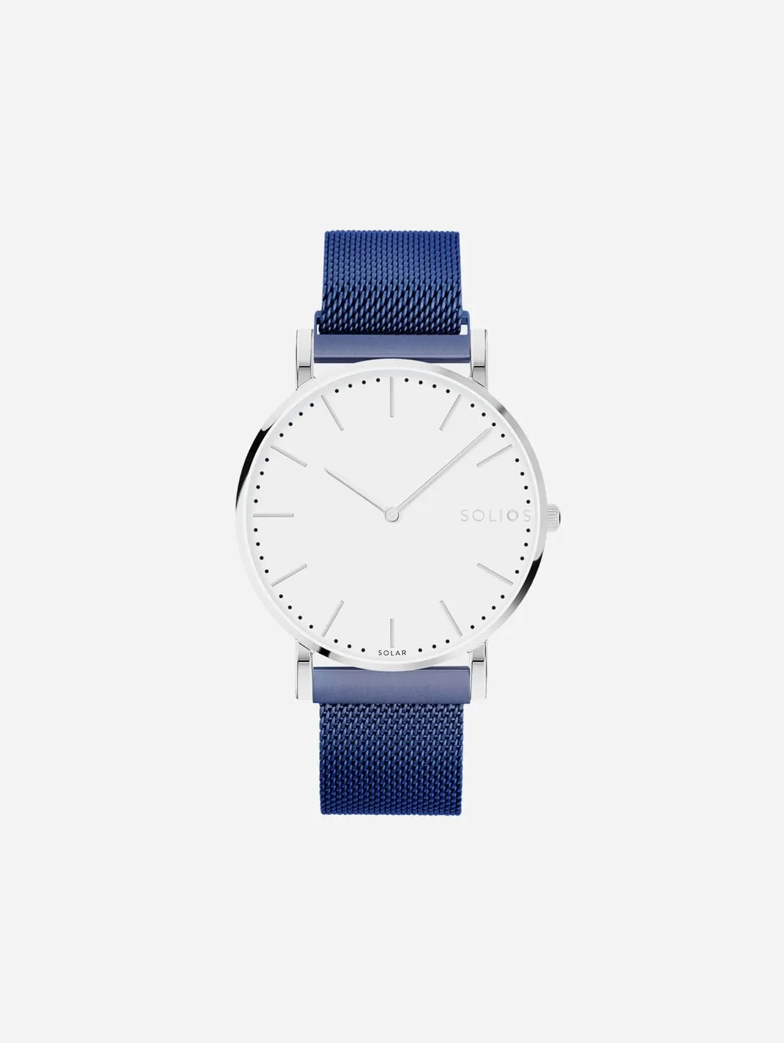 Solar Watch with White & Silver Dial | Blue Mesh Strap