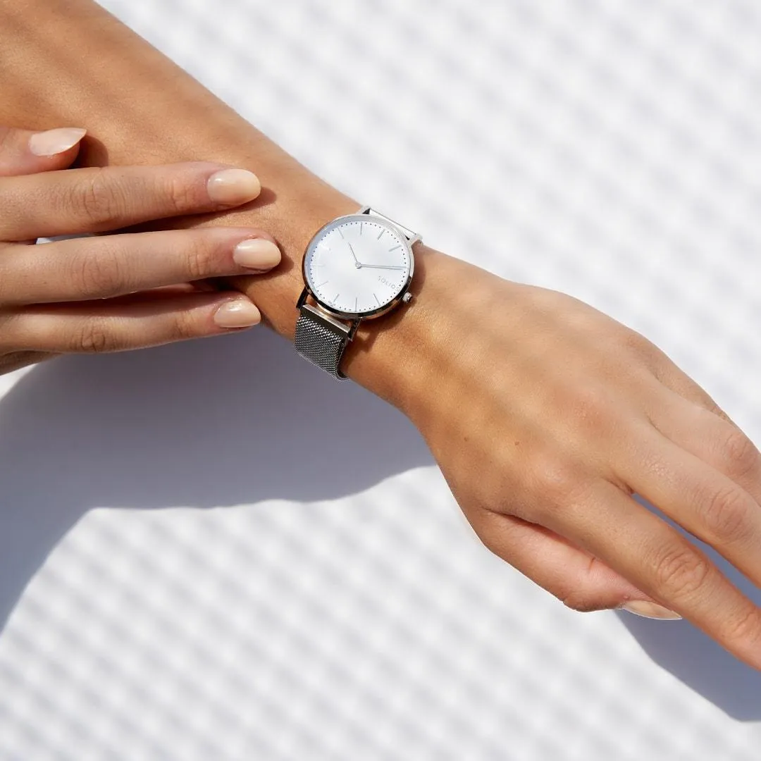 Solar Watch with White & Silver Dial | Blue Mesh Strap